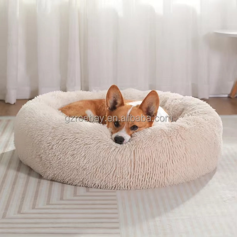 Hot Seller Soft Donut round Pet Bed Cat Dog Cushion Fluffy Long Plush Waterproof Calming Dog Bed